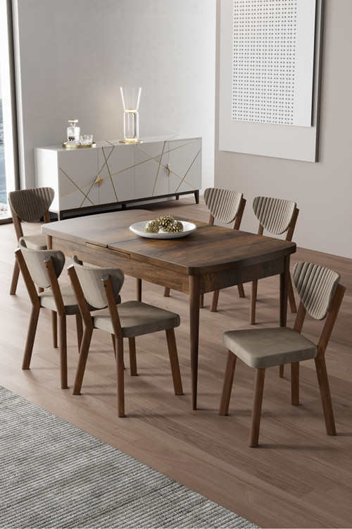 Concept Exve Serisi 80X132 Açılabilir Barok Ahşap Desen Masa Takımı Ve 6 Cappucino Sandalye