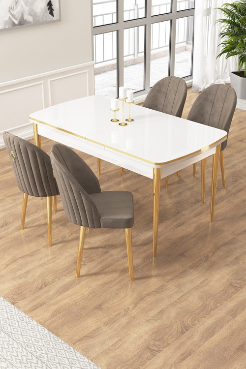Concept Edaf Serisi 80X132 Açılabilir Beyaz Mutfak Masa Takımı 4 Cappucino Sandalye Gold Detay