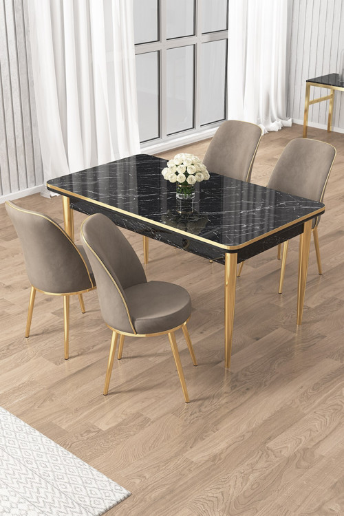 Concept Rewa Serisi 70X110 Sabit Siyah Mermer Desen Gold Detay Masa Takımı Ve 4 Cappucino Sandalye