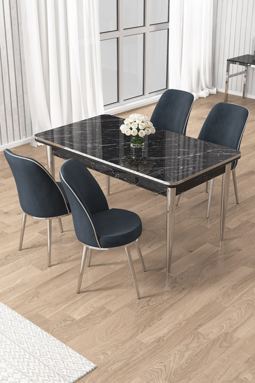 Concept Rewa Serisi 70X110 Sabit Siyah Mermer Desen Krom Detay Masa Takımı Ve 4 Antrasit Sandalye