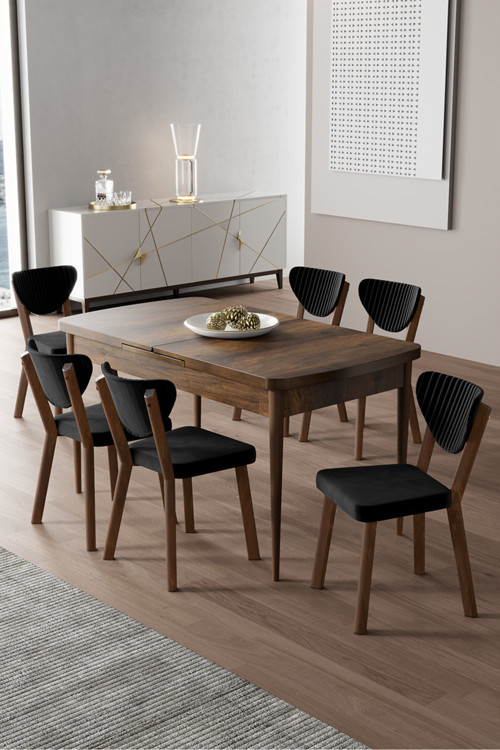 Concept Exve Serisi 80X132 Açılabilir Barok Ahşap Desen Masa Takımı Ve 6 Siyah Sandalye