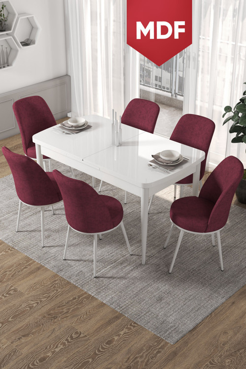Concept Kor Serisi 70X114 Açılabilir Mdf Mutfak Masası Takımı Beyaz Masa 6 Bordo Sandalye