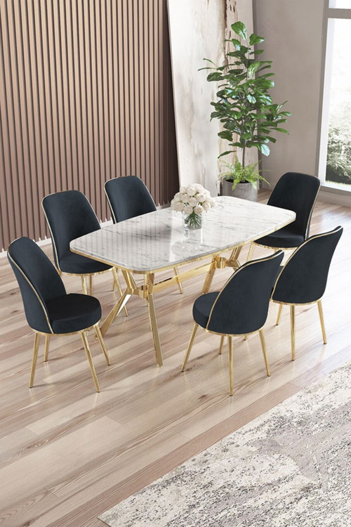 Concept Lena Serisi 90X160 Lak Panel Beyaz Mermer Desen Gold Ayaklı Masa Takımı Ve 6 Antrasit Sandalye