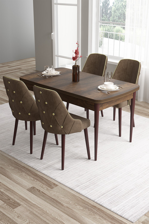 Concept Tia Serisi, Barok Ahşap Desen 80X132 Açılabilir Mdf Mutfak Masası 4 Kahve Sandalye Gold Detay