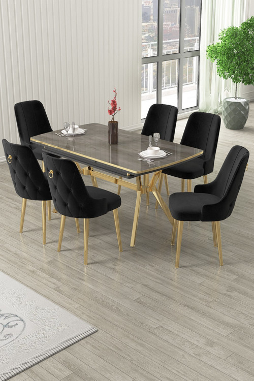 Concept Nis Serisi 89X150 Açılabilir Lak Panel Antrasit İroni Gold Ayak Masa Takımı Ve 6 Siyah Sandalye