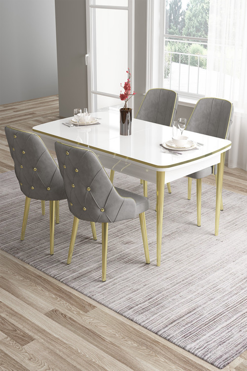 Concept Tia Serisi 80X132 Açılabilir Mdf Gold Detay Beyaz Masa Takımı Ve 4 Gri Sandalye