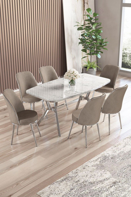 Concept Lena Serisi 90X160 Lak Panel Beyaz Mermer Desen Krom Ayaklı Masa Takımı Ve 6 Cappucino Sandalye