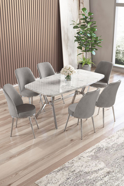 Concept Lena Serisi 90X160 Lak Panel Beyaz Mermer Desen Krom Kaplama Ayaklı Masa Takımı Ve 6 Gri Sandalye