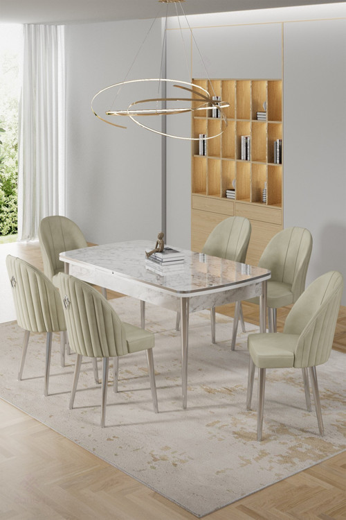Concept Rada Serisi 80X132 Açılabilir Lak Panel Beyaz Mermer Desen Masa 6 Krem Sandalye Krom Detay