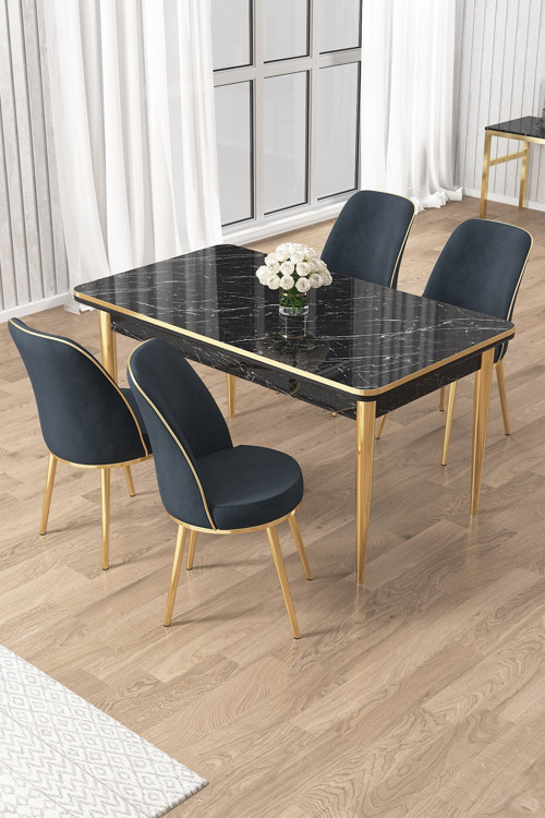 Concept Rewa Serisi 70X110 Sabit Siyah Mermer Desen Gold Detay Masa Takımı Ve 4 Antrasit Sandalye