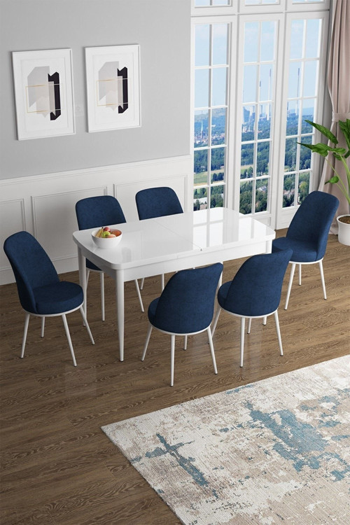 Concept Han Serisi 70X114 Açılabilir Mdf Mutfak Masası Takımı Beyaz Masa 6 Lacivert Sandalye