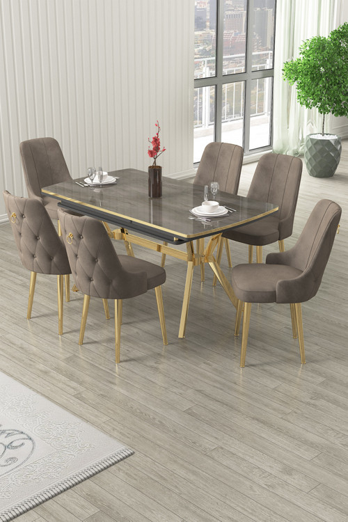 Concept Nis Serisi 89X150 Açılabilir Lak Panel Antrasit İroni Gold Ayak Masa Takımı Ve 6 Cappucino Sandalye