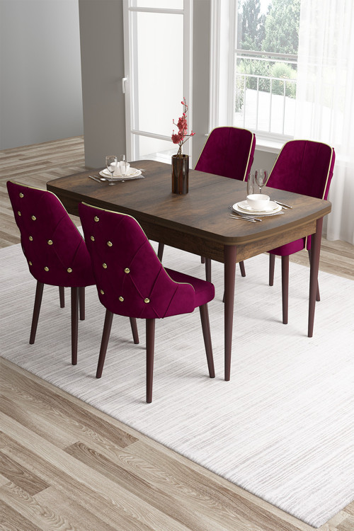 Concept Tia Serisi, Barok Ahşap Desen 80X132 Açılabilir Mdf Mutfak Masası 4 Mürdüm Sandalye Gold Detay