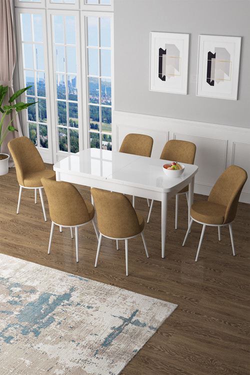 Concept Zen Serisi 80X132 Mdf Açılabilir Beyaz Masa Takımı Ve 6 Cappucino Sandalye