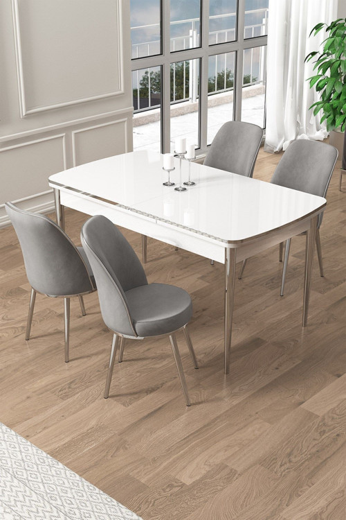 Concept Pale Serisi 80X132 Açılabilir Beyaz Masa Krom Ayak Mutfak Masası Takımı Ve 4 Gri Sandalye