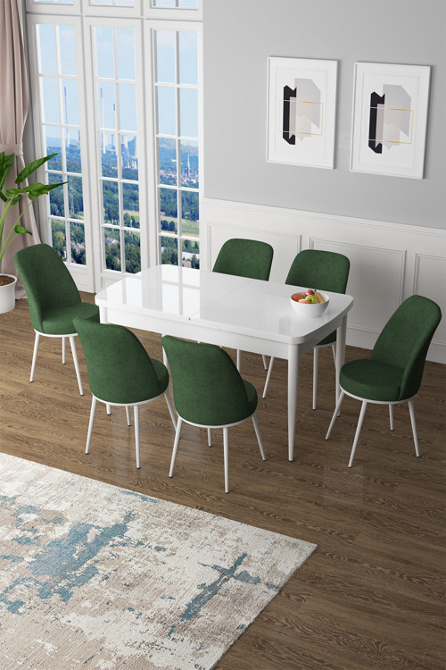Concept Zen Serisi 80X132 Mdf Açılabilir Beyaz Masa Takımı Ve 6 Haki Yeşil Sandalye