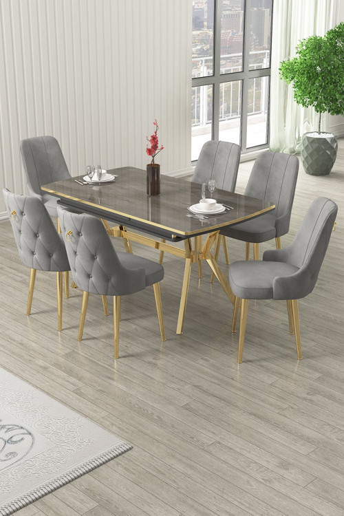 Concept Nis Serisi 89X150 Açılabilir Lak Panel Antrasit İroni Gold Ayak Masa Takımı Ve 6 Gri Sandalye
