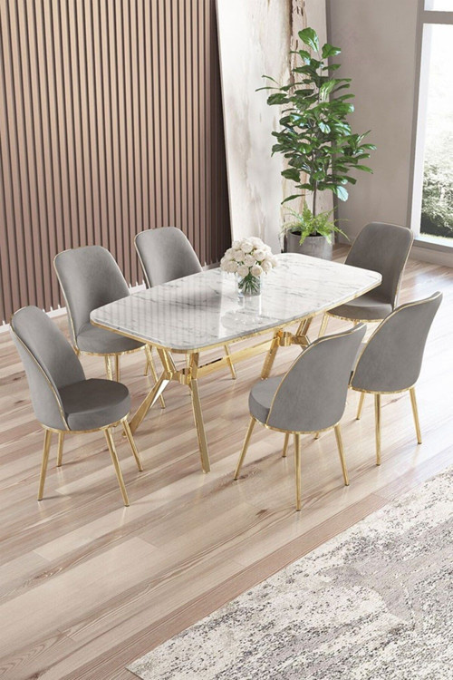Concept Lena Serisi 90X160 Lak Panel Beyaz Mermer Desen Gold Kaplama Ayaklı Masa Takımı Ve 6 Gri Sandalye