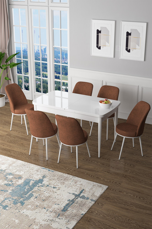 Concept Zen Serisi 80X132 Mdf Açılabilir Beyaz Masa Takımı Ve 6 Kiremit Sandalye