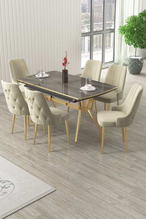 Concept Nis Serisi 89X150 Açılabilir Lak Panel Antrasit İroni Gold Ayak Masa Takımı Ve 6 Krem Sandalye