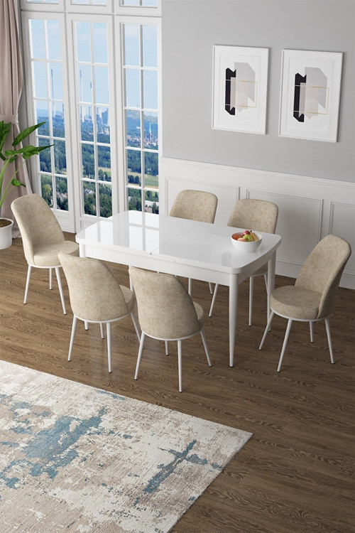 Concept Zen Serisi 80X132 Mdf Açılabilir Beyaz Masa Takımı Ve 6 Krem Sandalye