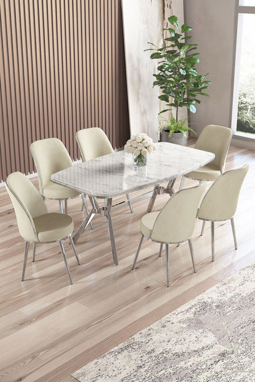 Concept Lena Serisi 90X160 Lak Panel Beyaz Mermer Desen Krom Kaplama Ayaklı Masa Takımı Ve 6 Krem Sandalye