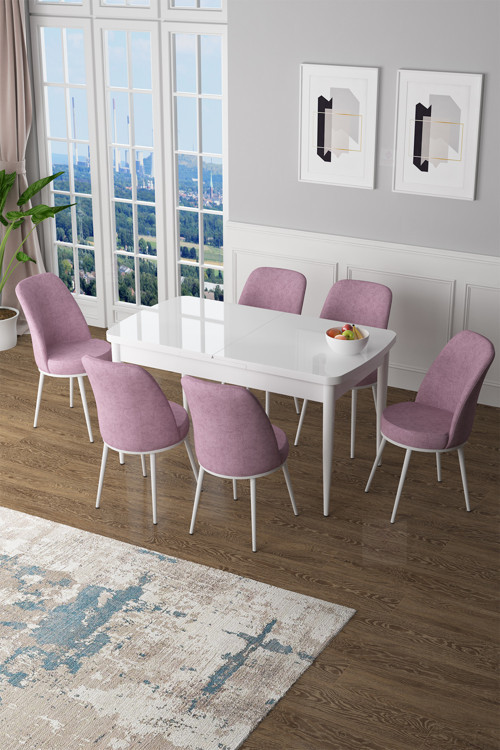 Concept Zen Serisi 80X132 Mdf Açılabilir Beyaz Masa Takımı Ve 6 Pembe Sandalye