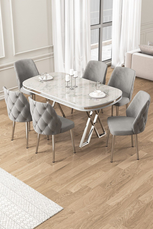 Concept Afe Serisi 90X168 Lak Panel Beyaz Mermer Desen Krom Ayak Masa Takımı 6 Gri Sandalye