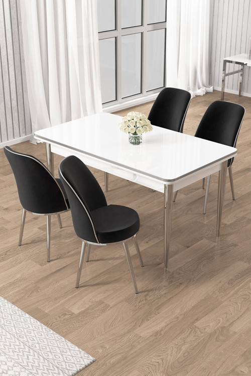 Concept Rewa Serisi 70X110 Sabit Beyaz Krom Detay Masa Takımı Ve 4 Siyah Sandalye