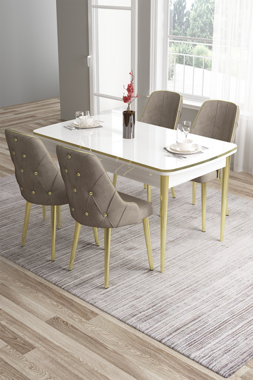 Concept Tia Serisi 80X132 Açılabilir Mdf Mutfak Masası Takımı Beyaz Masa Gold Detay 4 Cappucino Sandalye
