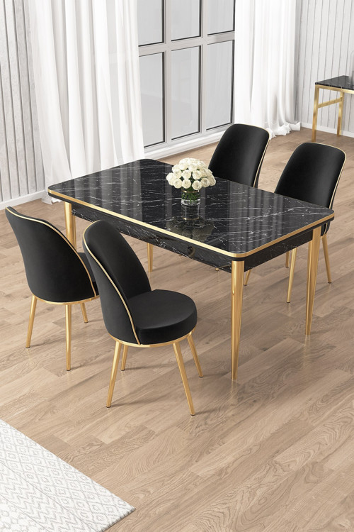Concept Rewa Serisi 70X110 Sabit Siyah Mermer Desen Gold Detay Masa Takımı Ve 4 Siyah Sandalye