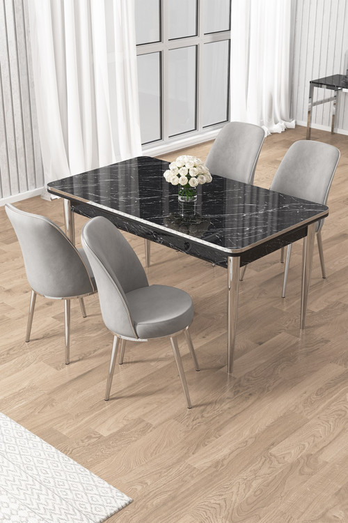 Concept Rewa Serisi 70X110 Sabit Siyah Mermer Desen Krom Detay Masa Takımı Ve 4 Gri Sandalye