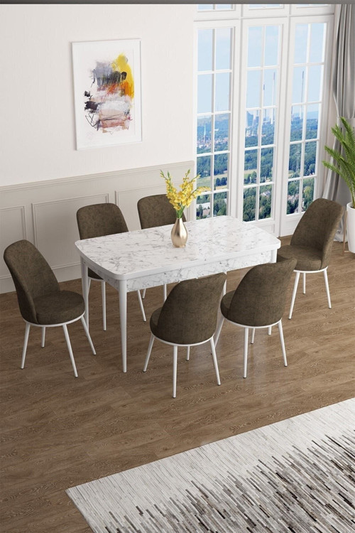 Concept Han Serisi 70X114 Açılabilir Mdf Mutfak Masası Takımı Beyaz Mermer Desen Masa 6 Kahverengi Sandalye