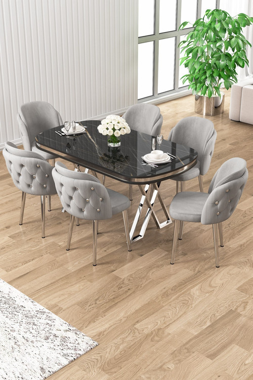 Concept Zae Serisi 90X168 Lak Panel Siyah Mermer Desen Masa Takımı Krom Ayaklı 6 Gri Sandalye