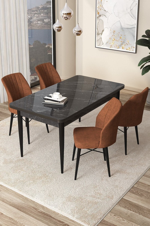 Arp Serisi 70x110 Sabit Mutfak Masası Takımı Siyah Mermer Desen Masa 4 Kiremit Sandalye