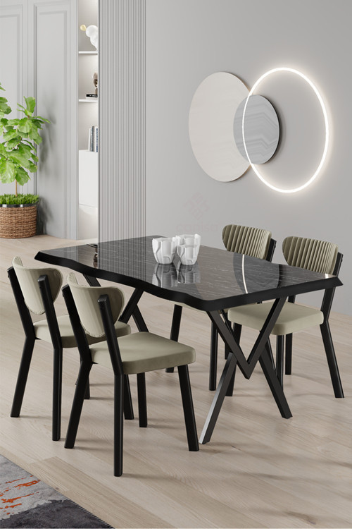 Concept Akort Serisi Mdf Sabit 80X130 Siyah Mermer Desen Mutfak Masası Takımı 4 Krem Sandalye