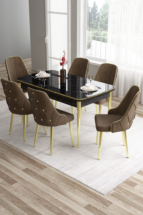 Concept Tia Serisi 80X132 Açılabilir Mdf Siyah Mermer Desen Gold Detay Masa Takımı Ve 6 Kahve Sandalye
