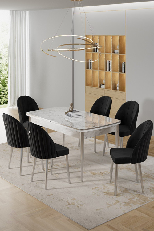 Concept Rada Serisi 80X132 Açılabilir Lak Panel Beyaz Mermer Desen Masa 6 Siyah Sandalye Krom Detay