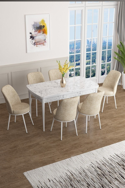 Concept Han Serisi 70X114 Açılabilir Mdf Mutfak Masası Takımı Beyaz Mermer Desen Masa 6 Krem Sandalye