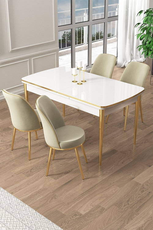Concept Pale Serisi 80X132 Açılabilir Beyaz Mutfak Masa Takımı 4 Krem Sandalye Gold Detay