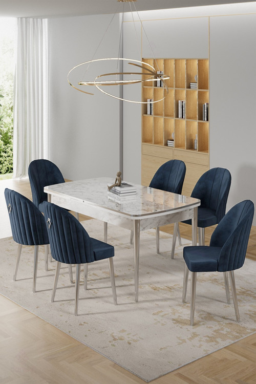 Concept Rada Serisi 80X132 Açılabilir Lak Panel Beyaz Mermer Desen Masa 6 Antrasit Sandalye Krom Detay