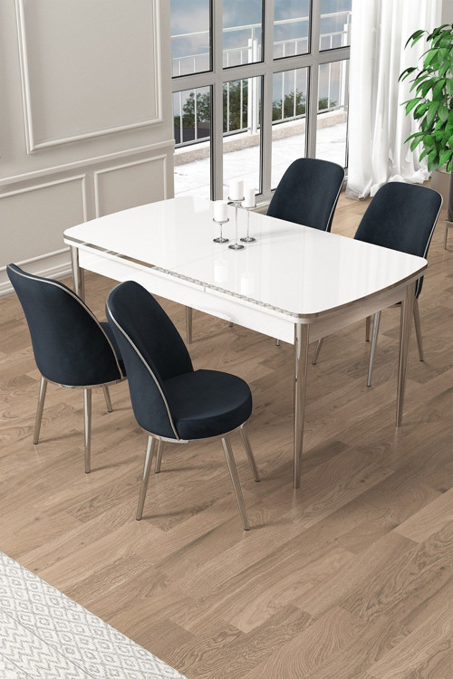 Concept Pale Serisi 80X132 Açılabilir Beyaz Mutfak Masa Takımı 4 Antrasit Sandalye Krom Detay