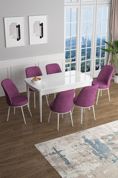 Concept Han Serisi 70X114 Açılabilir Mdf Mutfak Masası Takımı Beyaz Masa 6 Mor Sandalye