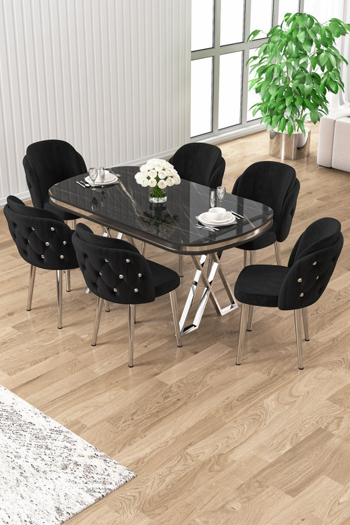 Concept Zae Serisi 90X168 Lak Panel Siyah Mermer Desen Masa Takımı Krom Ayaklı 6 Siyah Sandalye