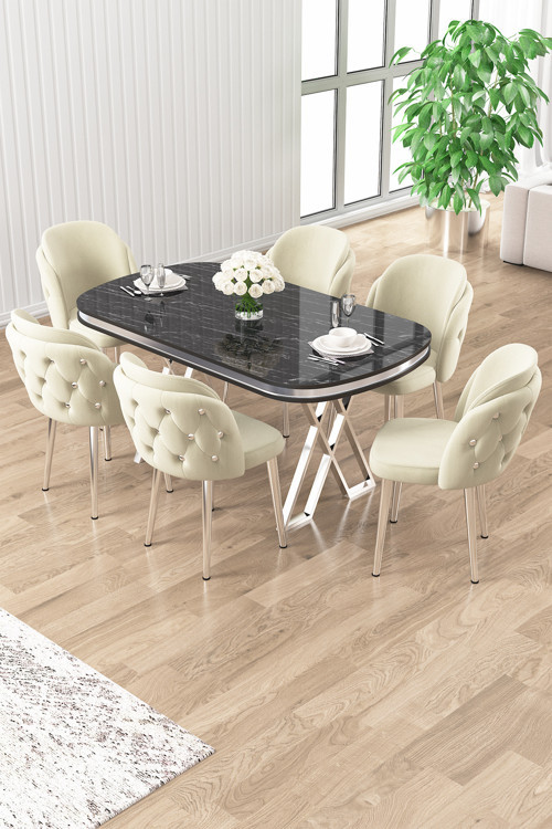 Concept Zae Serisi 90X168 Lak Panel Siyah Mermer Desen Masa Takımı Krom Ayaklı 6 Krem Sandalye