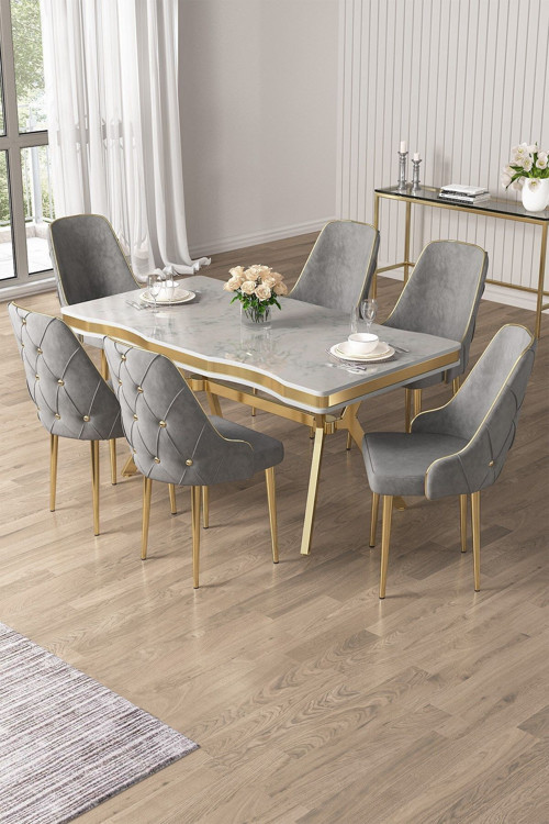 Concept Vae Serisi 90X160 Lak Panel Beyaz Mermer Desen Gold Ayak Masa Takımı 6 Gri Sandalye
