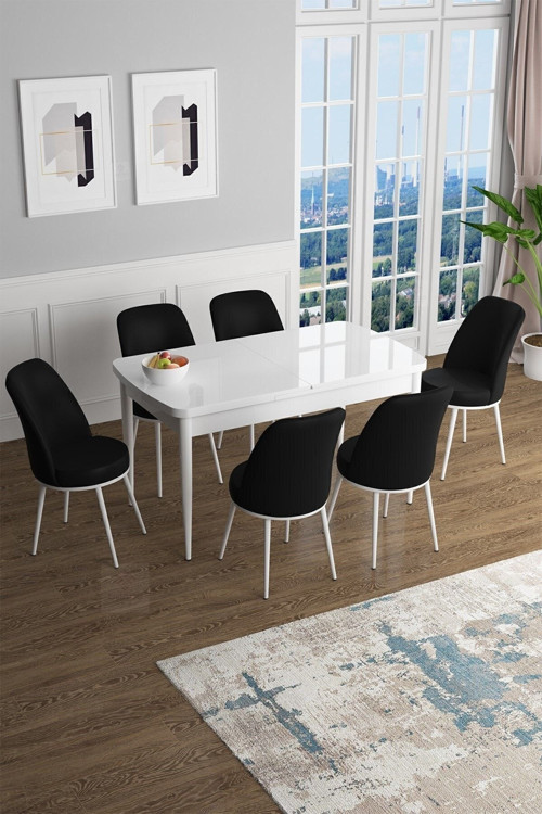 Concept Han Serisi 70X114 Açılabilir Mdf Mutfak Masası Takımı Beyaz Masa 6 Siyah Sandalye