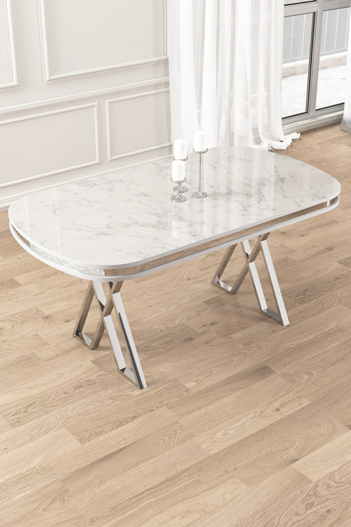 Concept Zae Serisi 90X168 Lak Panel Krom Ayak Beyaz Mermer Desen Masa