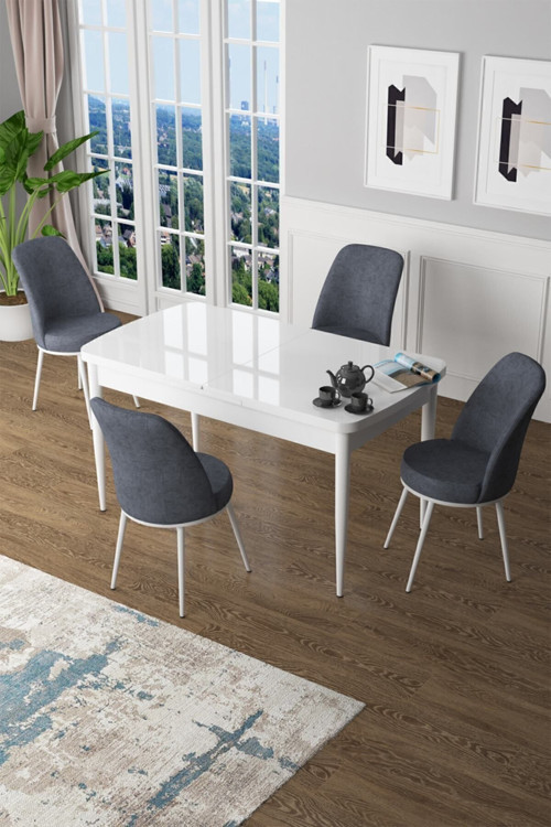 Zen Serisi 80x132 Mdf Açılabilir Beyaz Masa Takımı Ve 4 Füme Sandalye