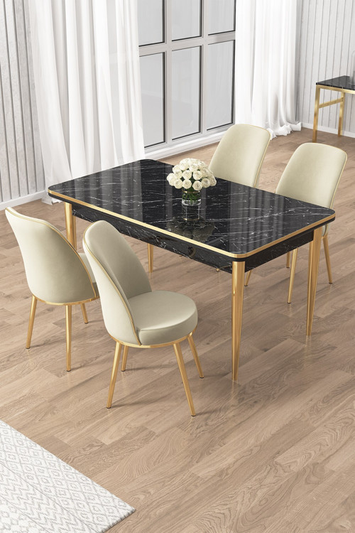 Concept Rewa Serisi 70X110 Sabit Siyah Mermer Desen Gold Detay Masa Takımı Ve 4 Krem Sandalye